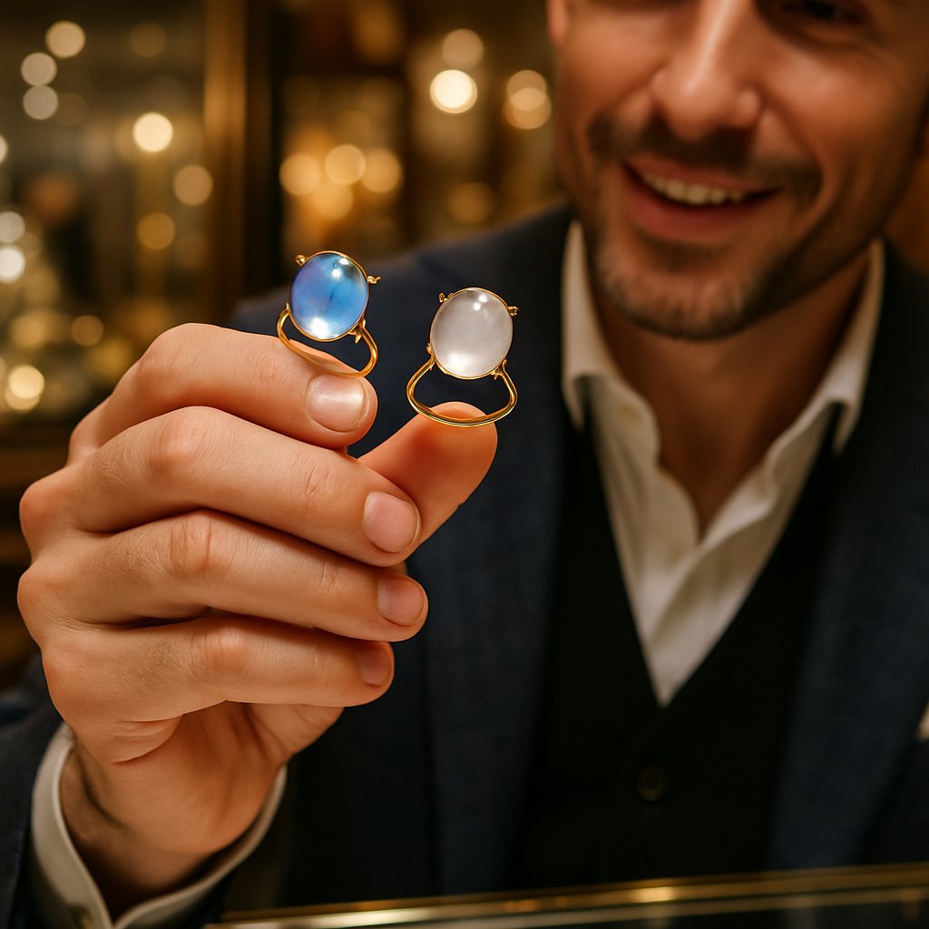 High-quality moonstone jewelry showing brilliant blue adularescence against dark background