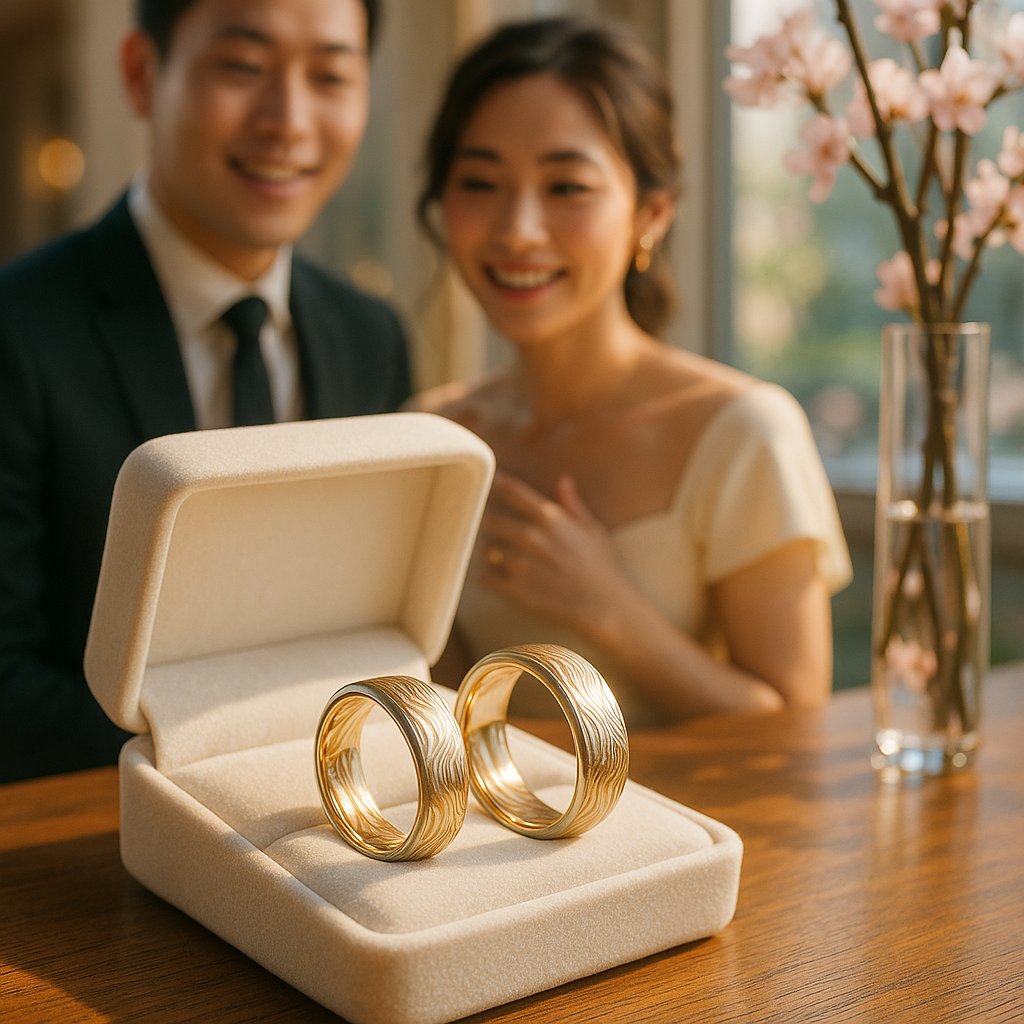 Close up of a Japanese Mokume Gane wedding band showing intricate wood grain patterns in multiple metals