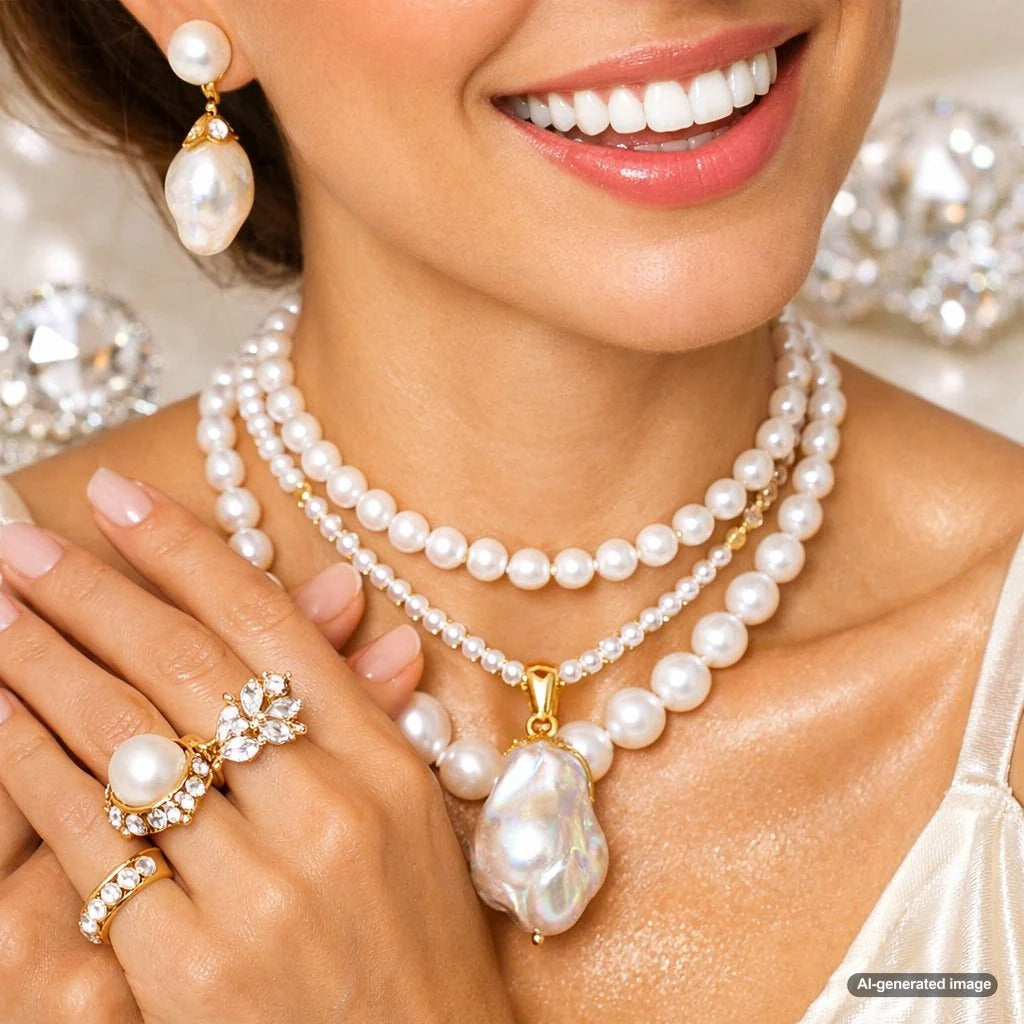 Close-up comparison showing the smooth, perfect sphere of a white round pearl next to the uniquely textured, irregular shape of a golden baroque pearl.