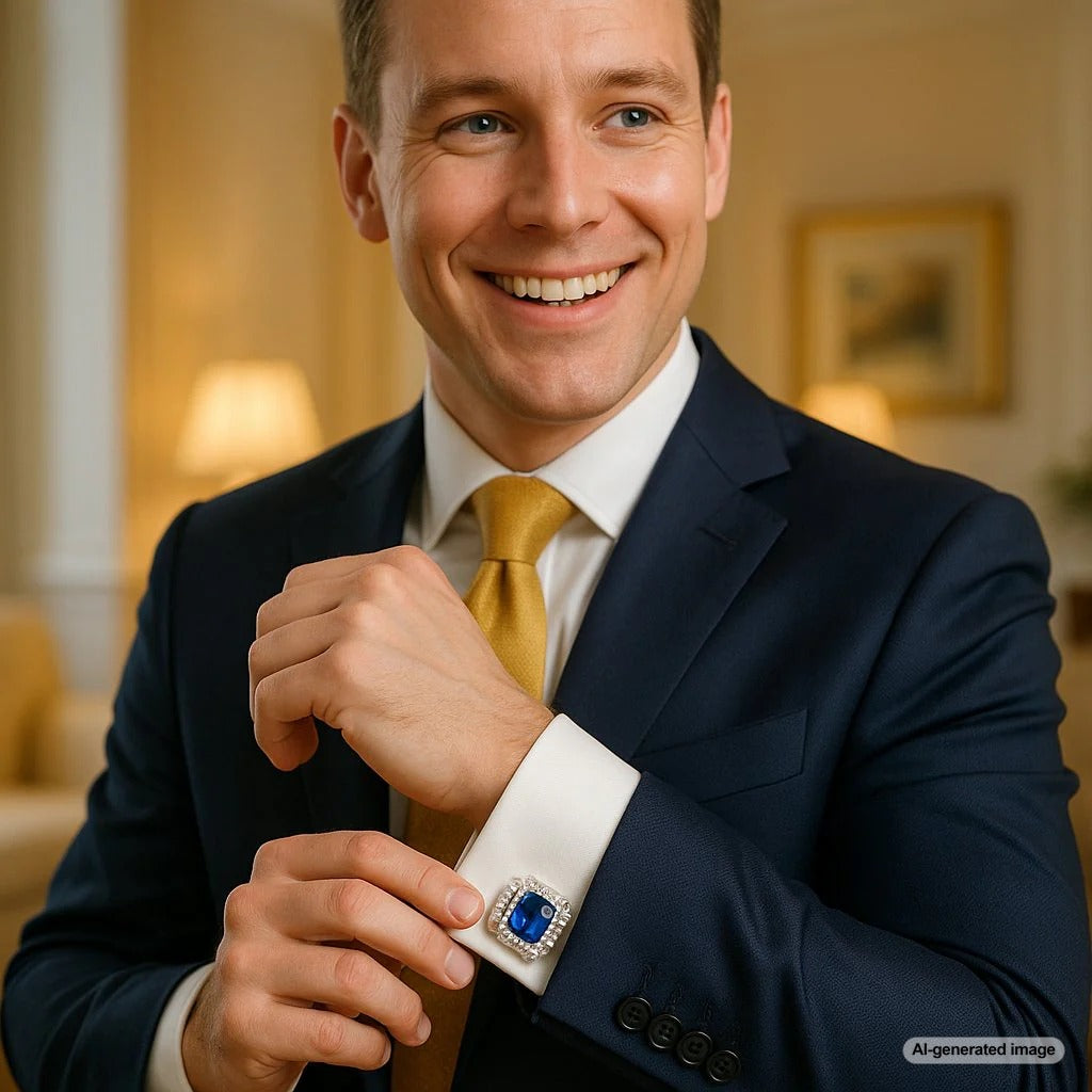 Close-up of a man's wrist with a tailored French cuff shirt secured by elegant silver knot cufflinks, set against a dark suit jacket.