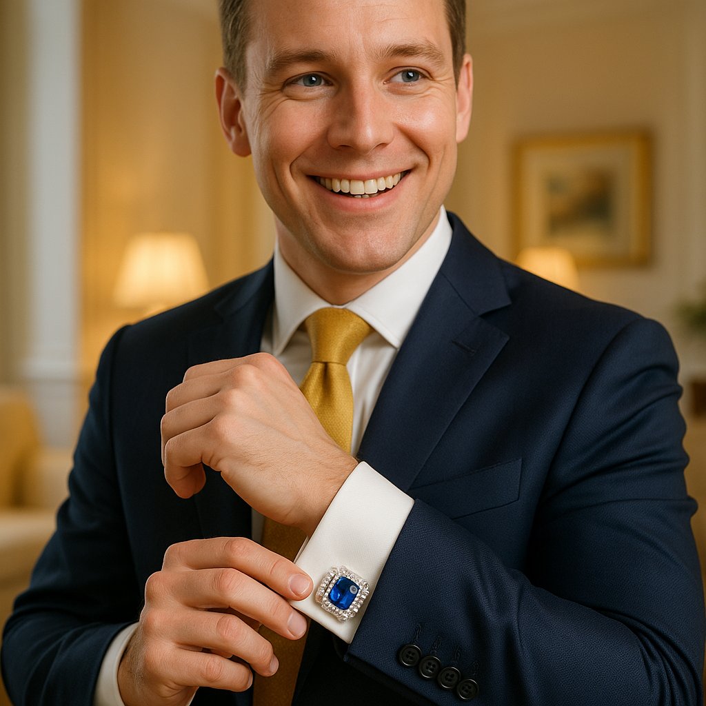Close-up of a man's wrist with a tailored French cuff shirt secured by elegant silver knot cufflinks, set against a dark suit jacket.