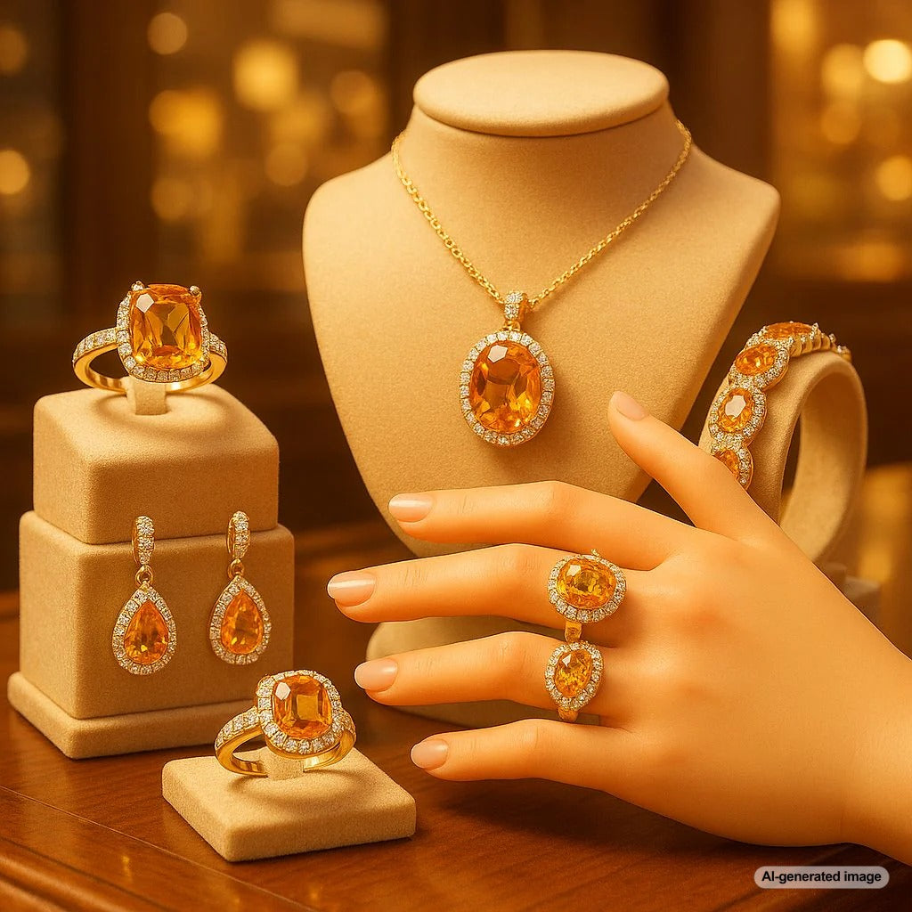 A stunning collection of citrine jewelry including rings, necklaces and earrings from Robinson's Jewelers