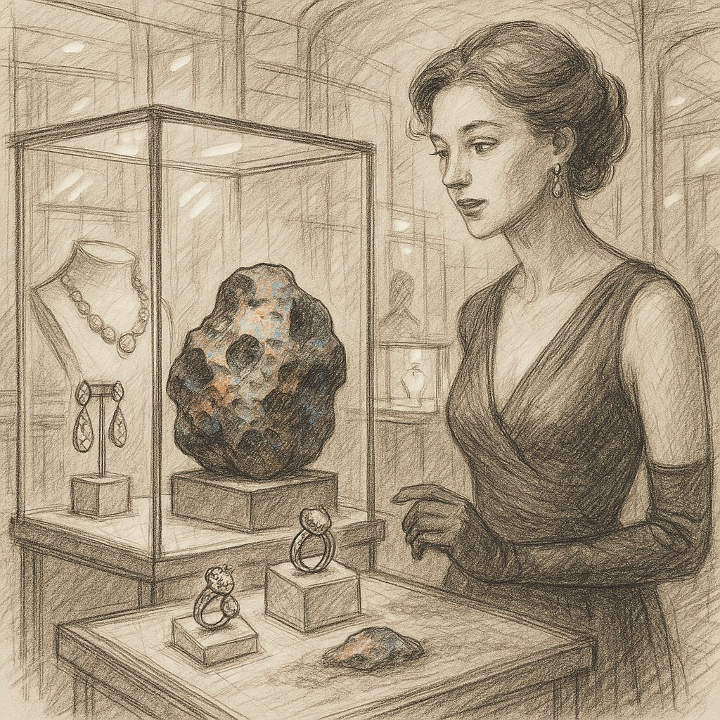 Meteorite jewelry featuring a stunning ring with etched Widmanst&auml;tten patterns, set alongside diamonds and gold