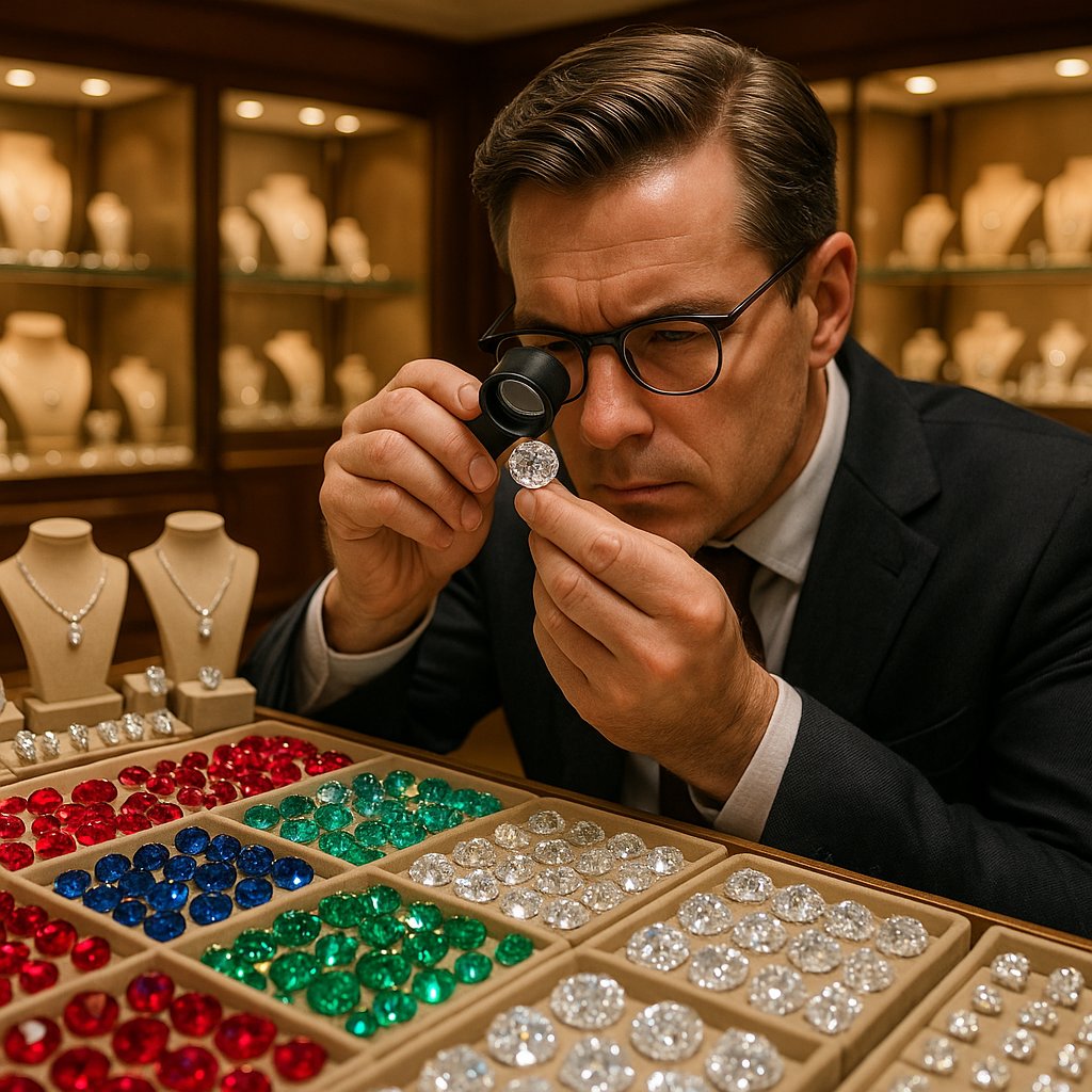 Close-up of various gemstones with Mohs hardness numbers displayed