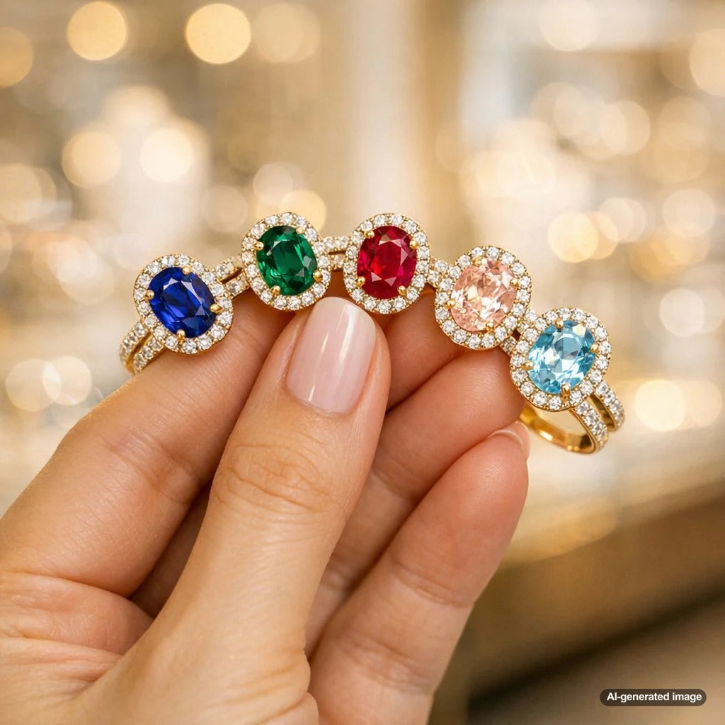 A dazzling display of colored gemstone engagement rings featuring sapphire, ruby, and emerald center stones set in elegant diamond halos, showcasing the vibrant options at Robinson's Jewelers.