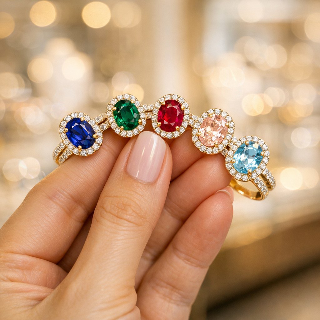 A dazzling display of colored gemstone engagement rings featuring sapphire, ruby, and emerald center stones set in elegant diamond halos, showcasing the vibrant options at Robinson's Jewelers.