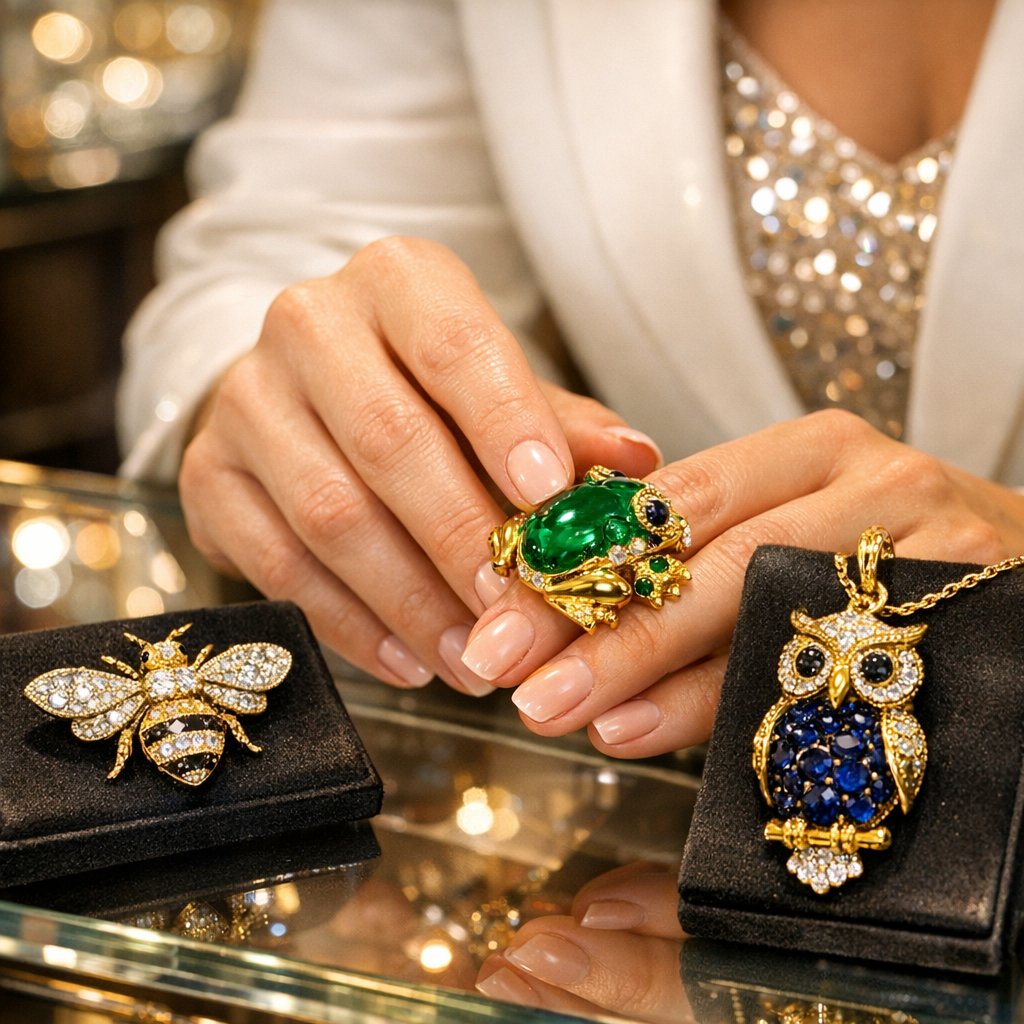A collection of fine jewelry featuring animal motifs, including a gold bee pendant, an owl ring with gemstone eyes, and a frog brooch, symbolizing wisdom, transformation, and community.