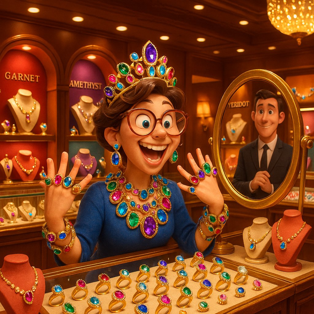 Collection of beautiful birthstone jewelry pieces including necklaces, bracelets and earrings displayed at Robinson's Jewelers