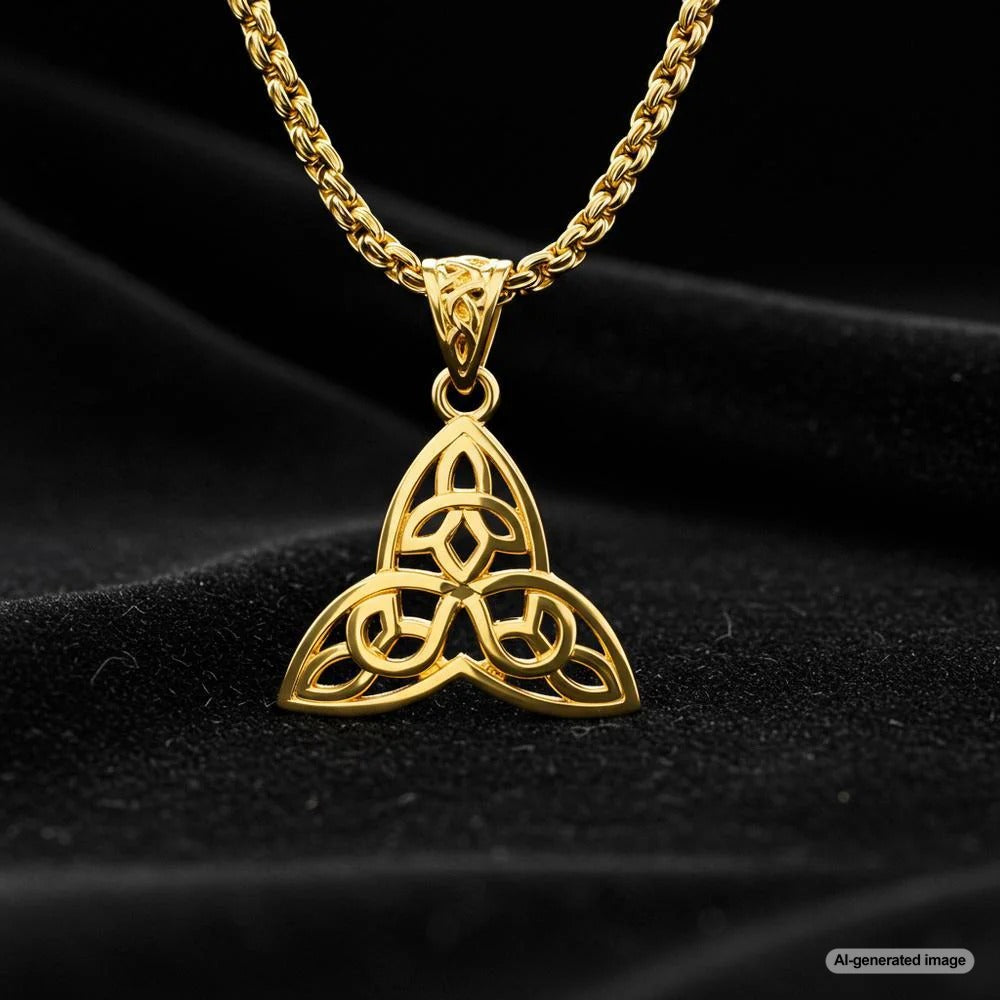 A close-up of a Celtic knot pendant in sterling silver, showcasing intricate interwoven designs symbolizing eternity and unity.