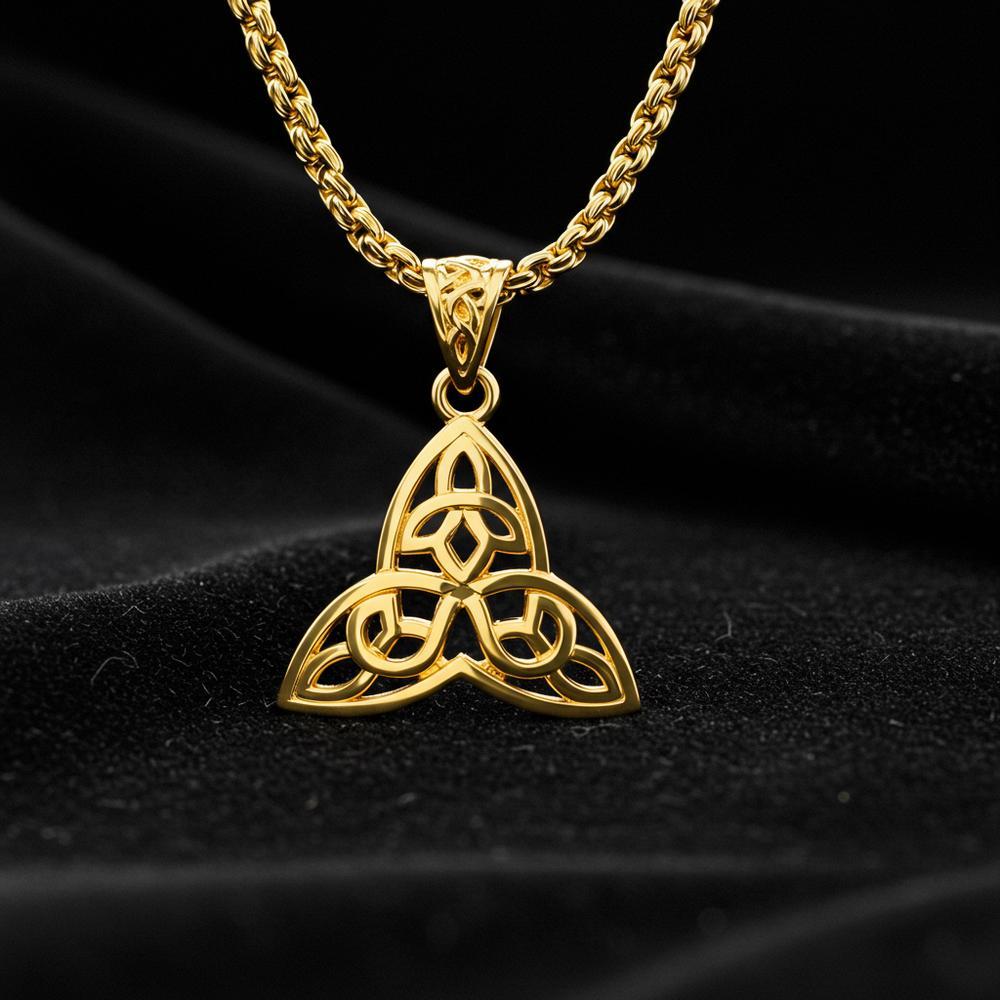 A close-up of a Celtic knot pendant in sterling silver, showcasing intricate interwoven designs symbolizing eternity and unity.