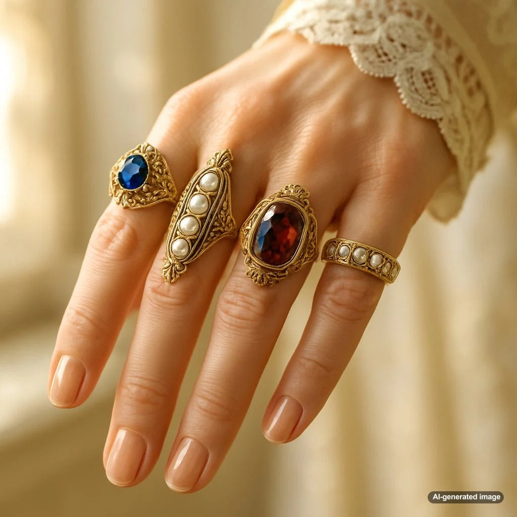 A close-up of an antique Victorian-era acrostic ring with a row of colorful gemstones spelling a secret message, set on a dark velvet background.