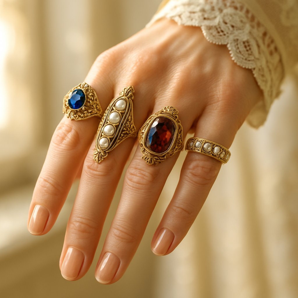 A close-up of an antique Victorian-era acrostic ring with a row of colorful gemstones spelling a secret message, set on a dark velvet background.