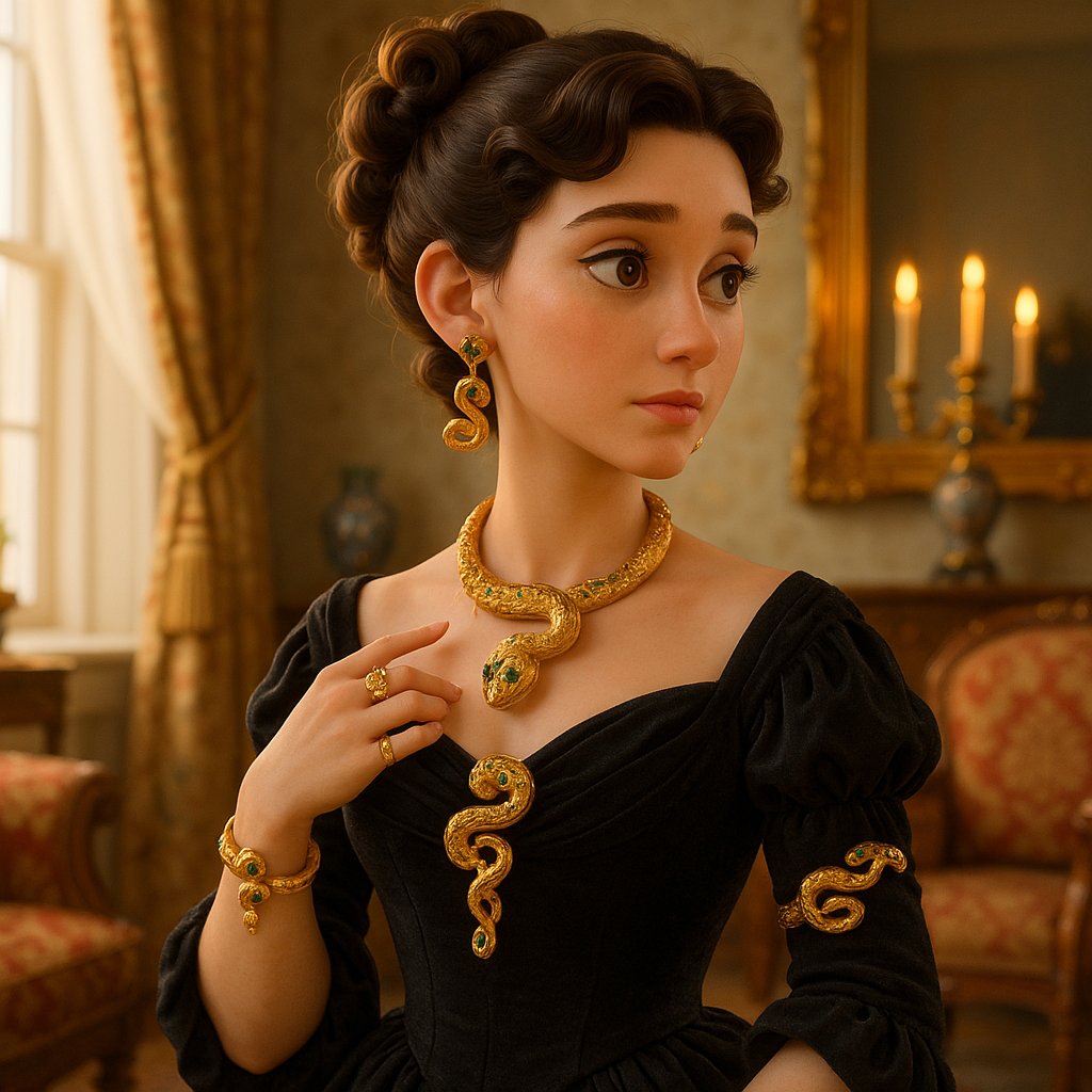 An ornate antique Victorian gold snake ring with emerald eyes and intricate scale detailing, coiled elegantly on a velvet background.