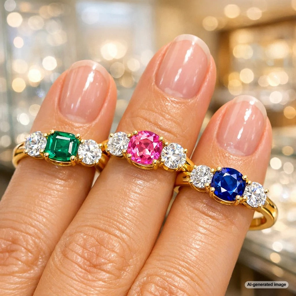 A breathtaking three-stone diamond engagement ring sparkling on a woman's hand, symbolizing past, present, and future love.