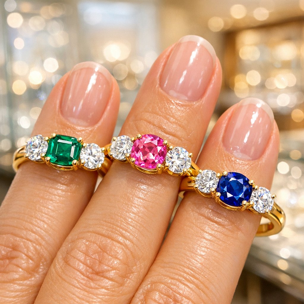 A breathtaking three-stone diamond engagement ring sparkling on a woman's hand, symbolizing past, present, and future love.