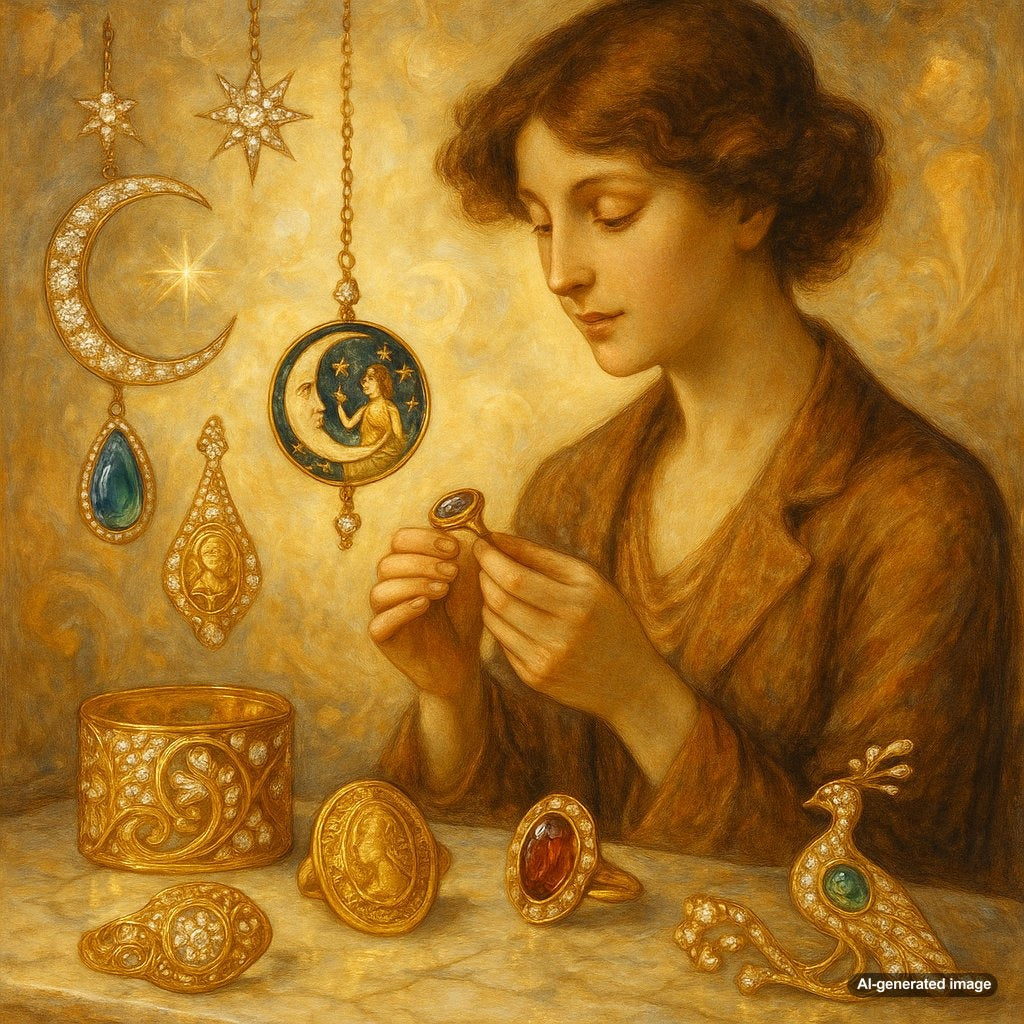 Vintage Symbolist jewelry collection featuring intricate motifs with hidden meanings