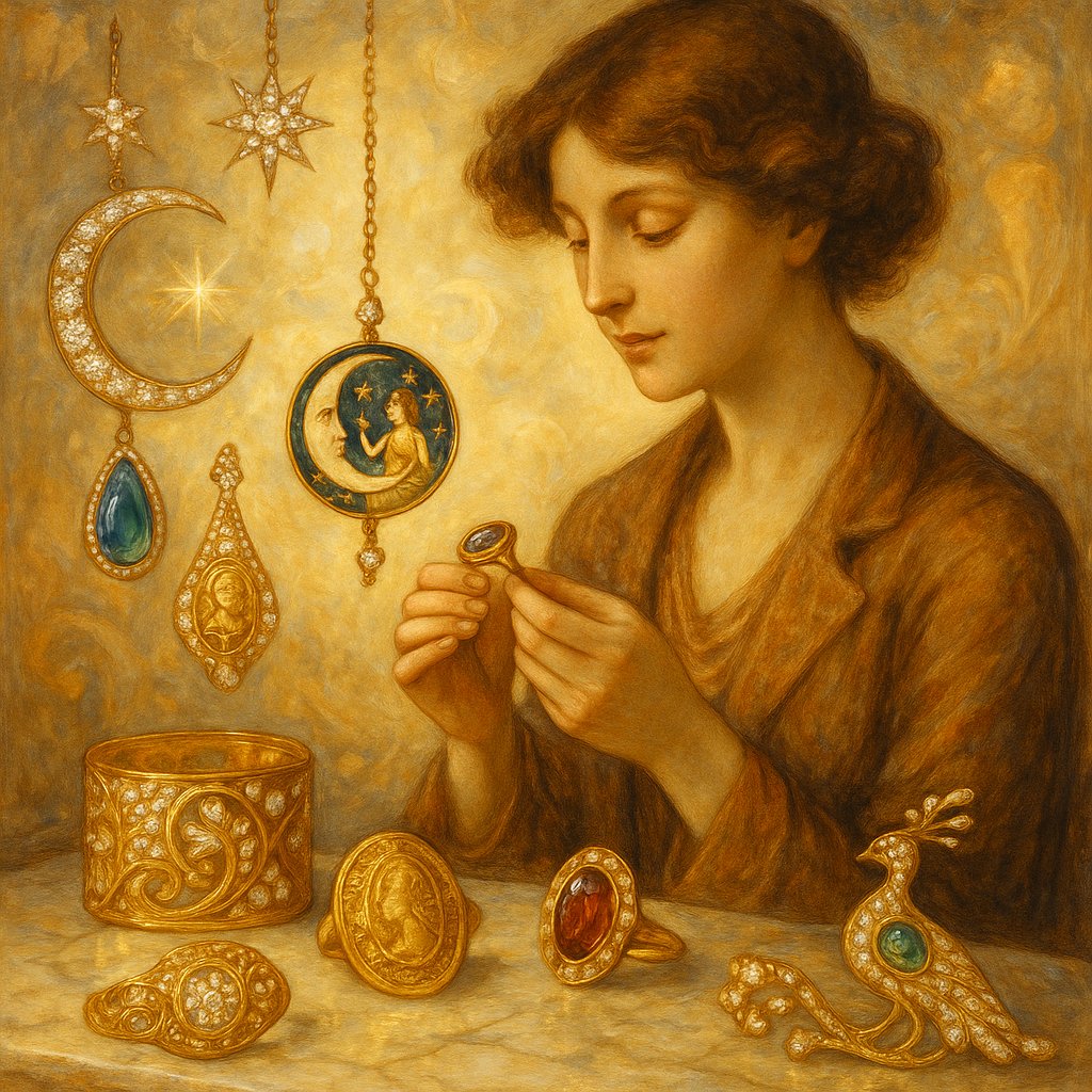 Vintage Symbolist jewelry collection featuring intricate motifs with hidden meanings