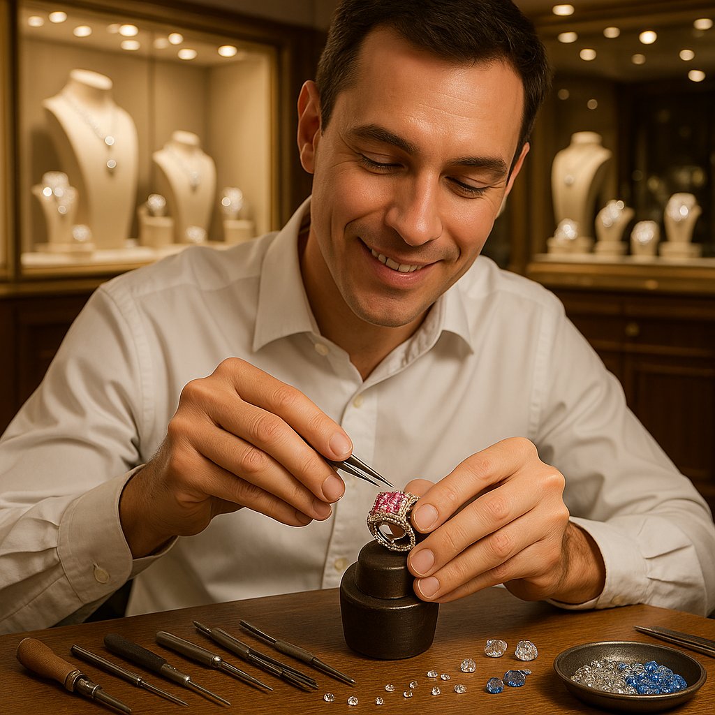 Close-up detail of an invisible set diamond and sapphire bracelet, showcasing the seamless surface where gemstones meet without visible metal.