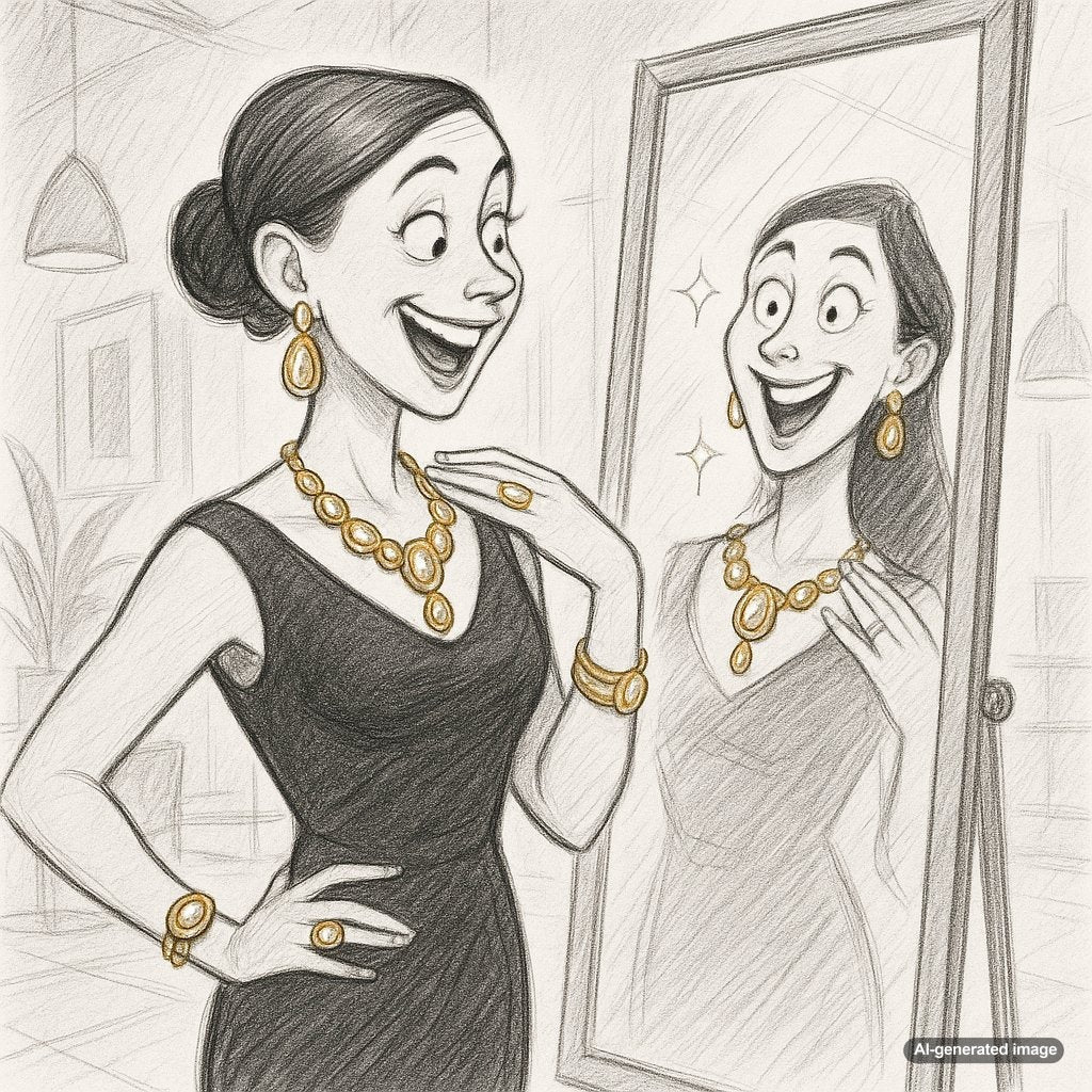 Woman wearing a simple black outfit elevated with a stunning statement necklace and earrings, demonstrating the Third Piece Rule