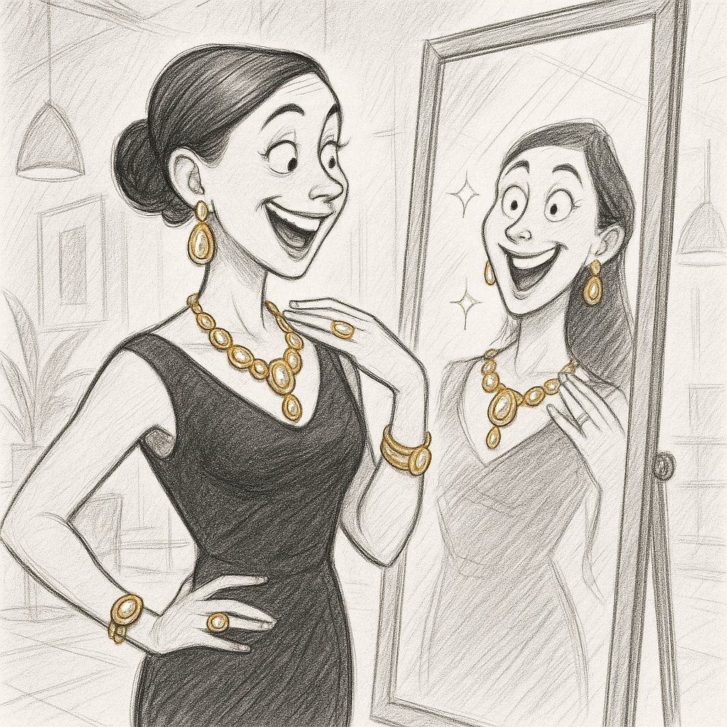 Woman wearing a simple black outfit elevated with a stunning statement necklace and earrings, demonstrating the Third Piece Rule