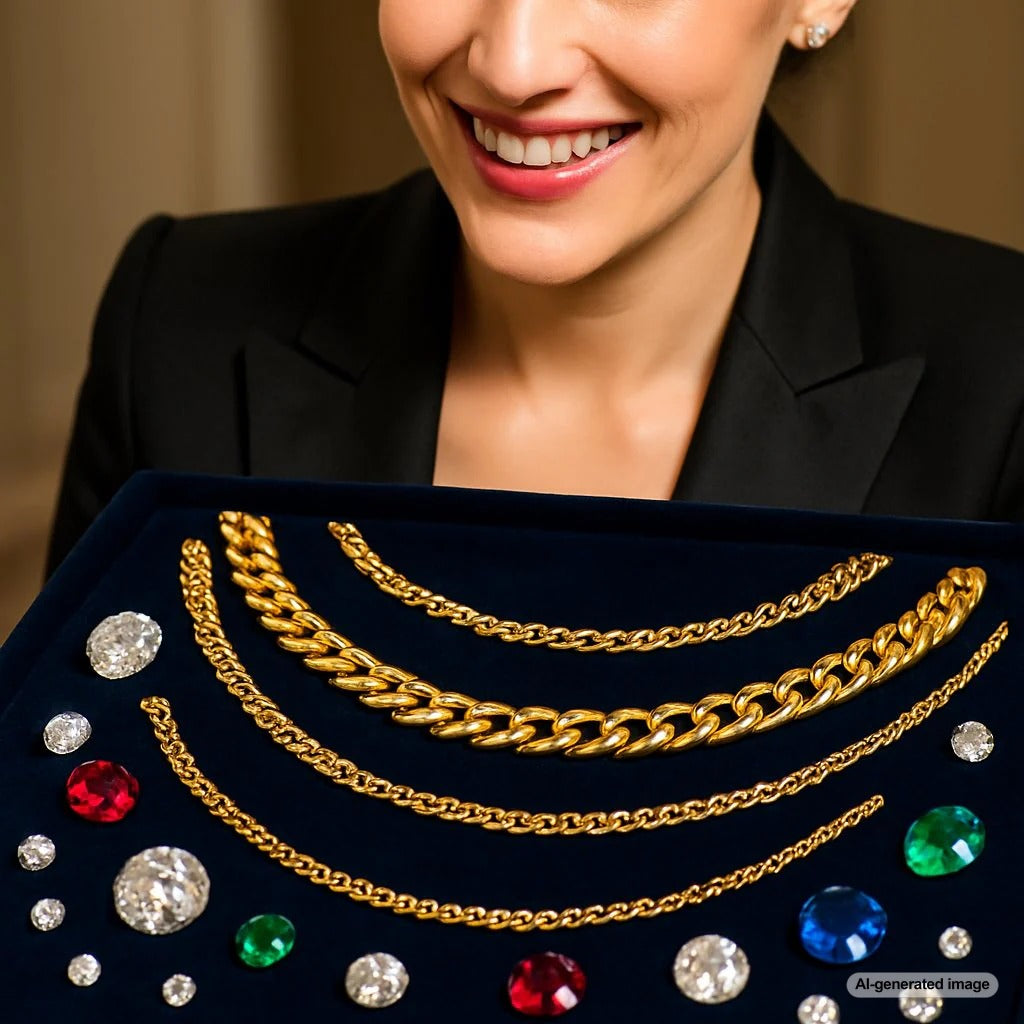 Luxurious gold chains of various styles displayed elegantly at Robinson's Jewelers