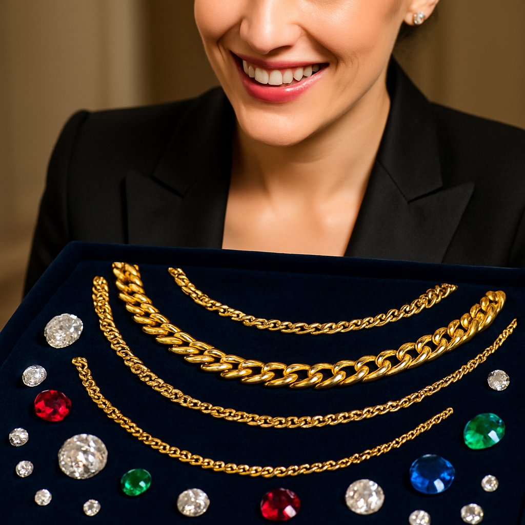 Luxurious gold chains of various styles displayed elegantly at Robinson's Jewelers