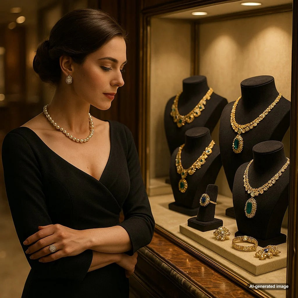 An elegant collection of vintage rings, brooches, and necklaces displayed on a velvet surface showcasing intricate craftsmanship