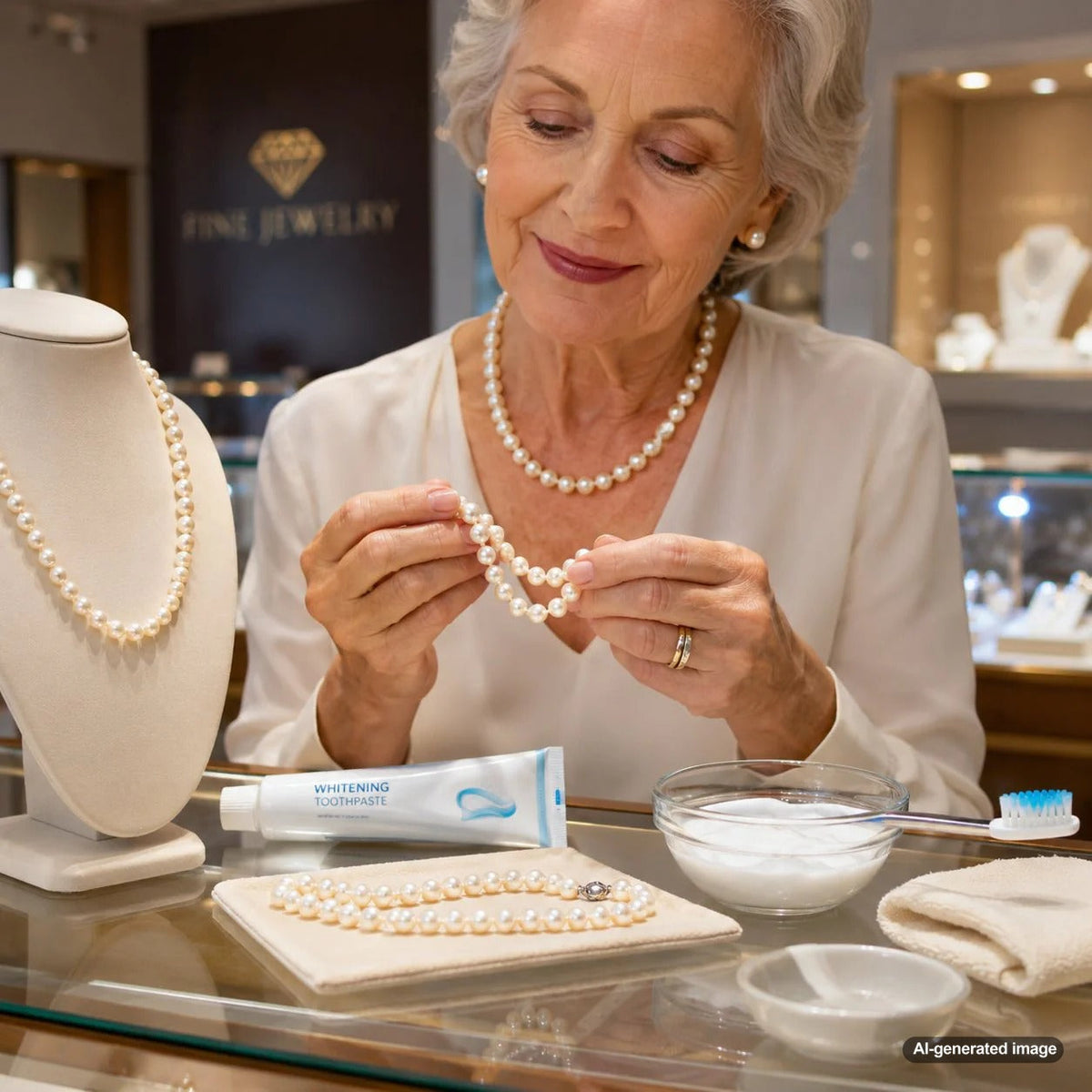 Woman holding a pearl necklace with a crossed out toothpaste tube, illustrating what not to do for pearl cleaning