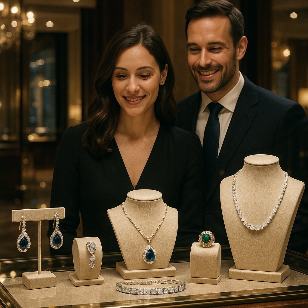 A beautiful collection of timeless fifth anniversary jewelry gifts including sapphire rings, diamond bands, and pearl necklaces from Robinson's Jewelers