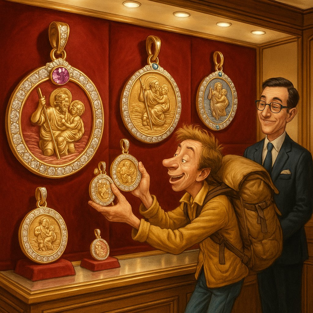 Modern St. Christopher medal pendant in gold with diamond accents, reimagined for today's traveler