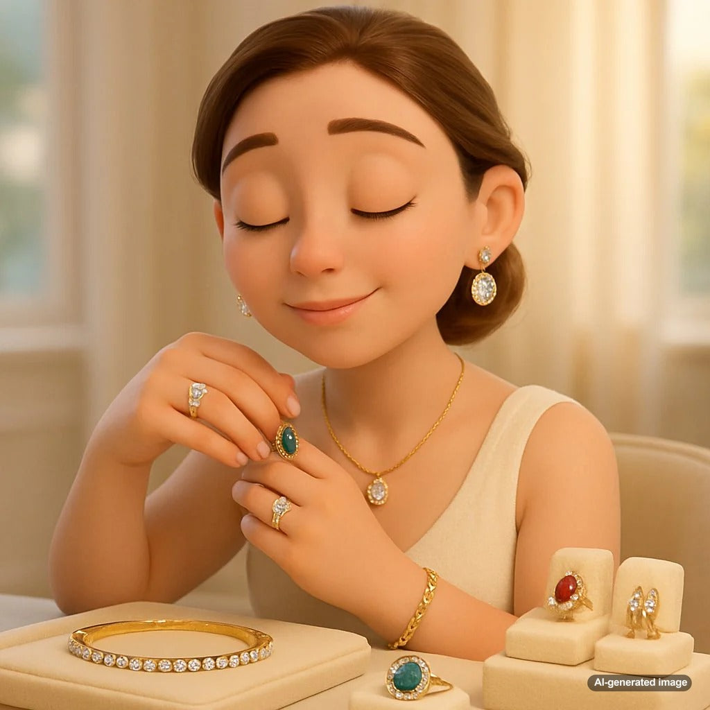 Woman gently holding a meaningful pendant necklace for anxiety relief and emotional comfort