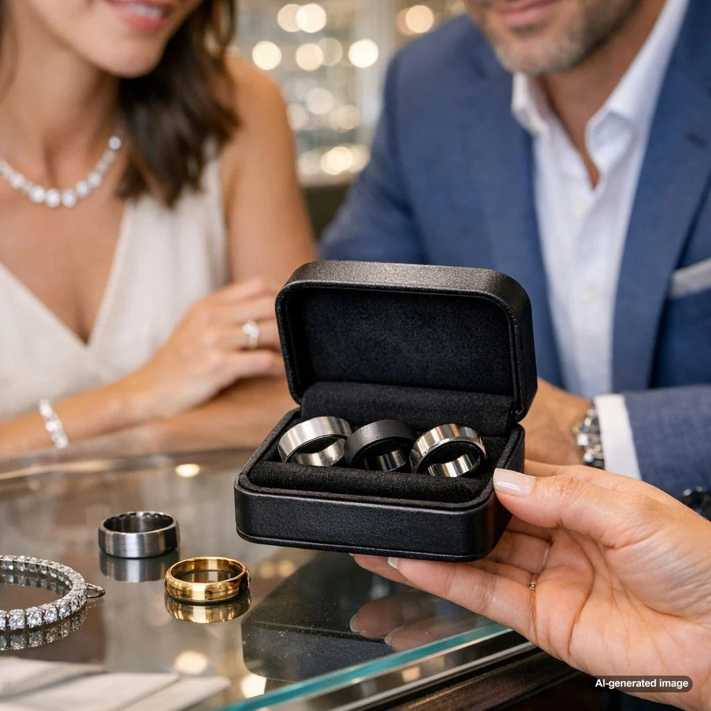 Close up of modern alternative metal rings including Titanium, Tantalum, and Tungsten with brushed and polished finishes on a dark surface.