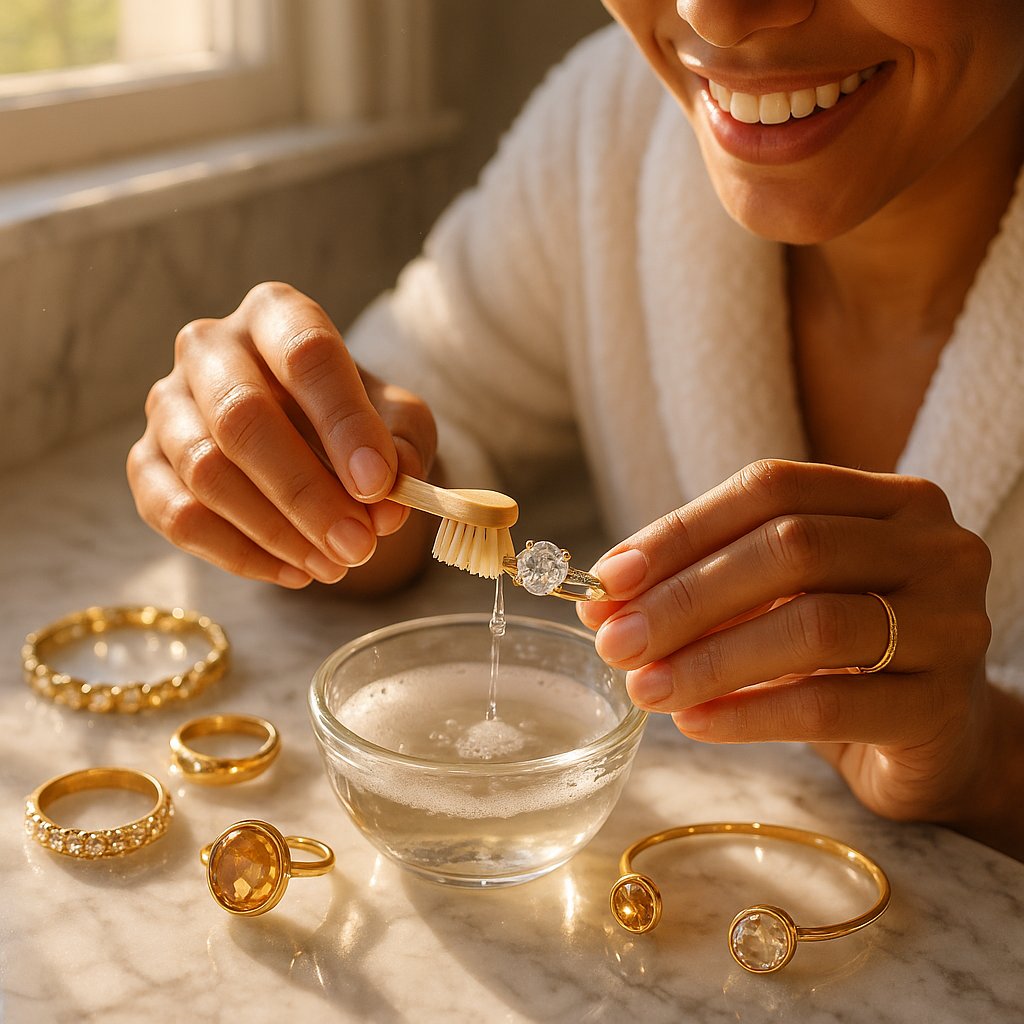 Close up of a woman safely cleaning her diamond engagement ring at home with a soft brush