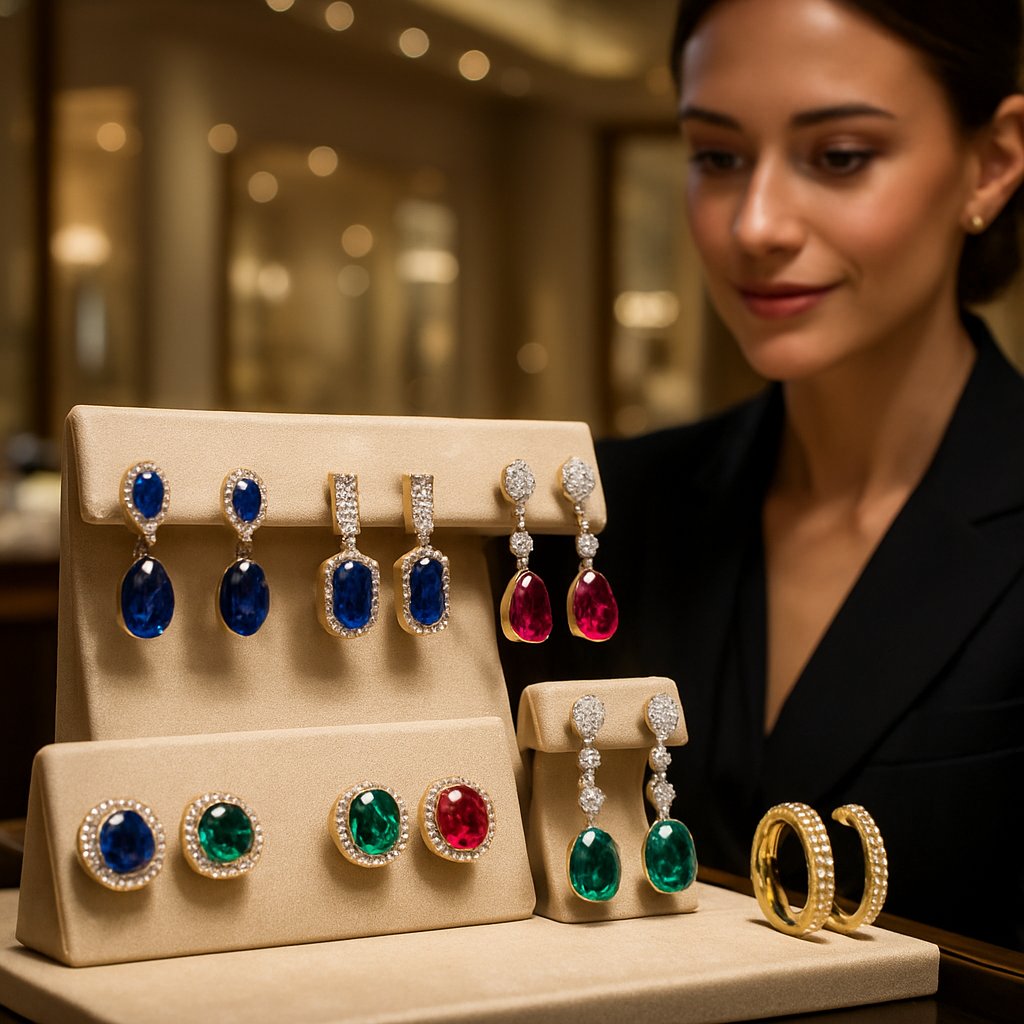 Colorful assortment of gemstone earrings in various styles including studs, drops, and hoops