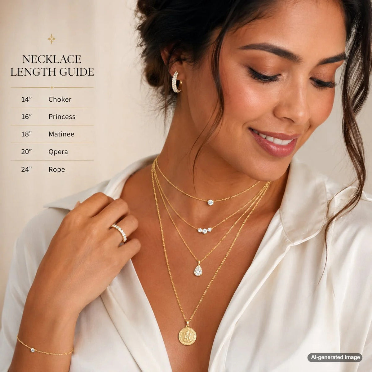 A stylish woman wearing multiple layered necklaces of varying lengths and chain textures, including cable, curb, and paperclip chains, demonstrating the ultimate guide to necklace layering.