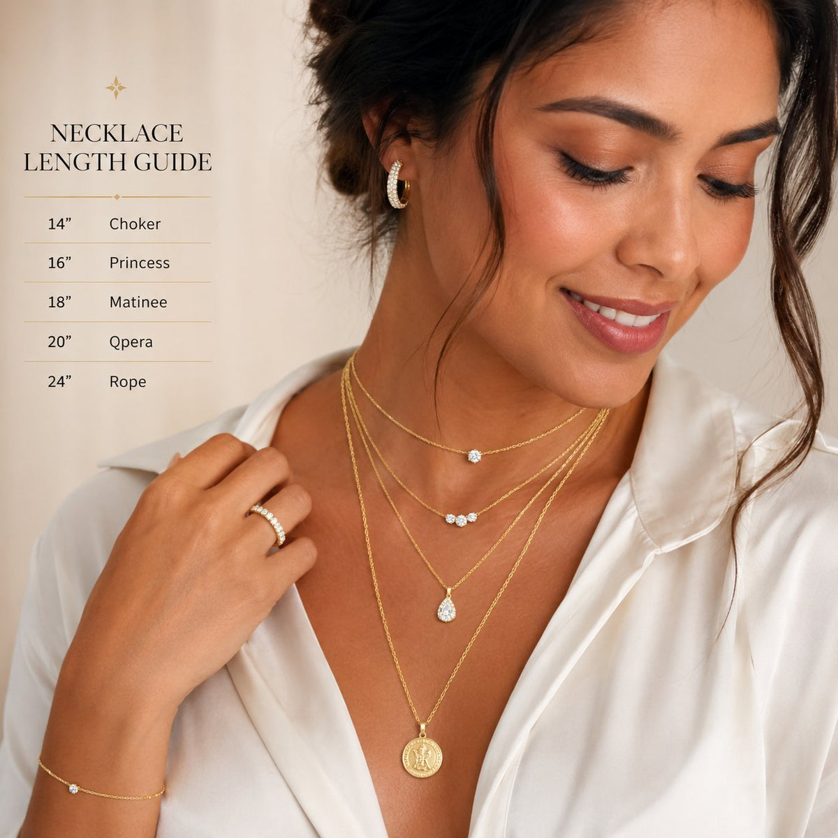 A stylish woman wearing multiple layered necklaces of varying lengths and chain textures, including cable, curb, and paperclip chains, demonstrating the ultimate guide to necklace layering.