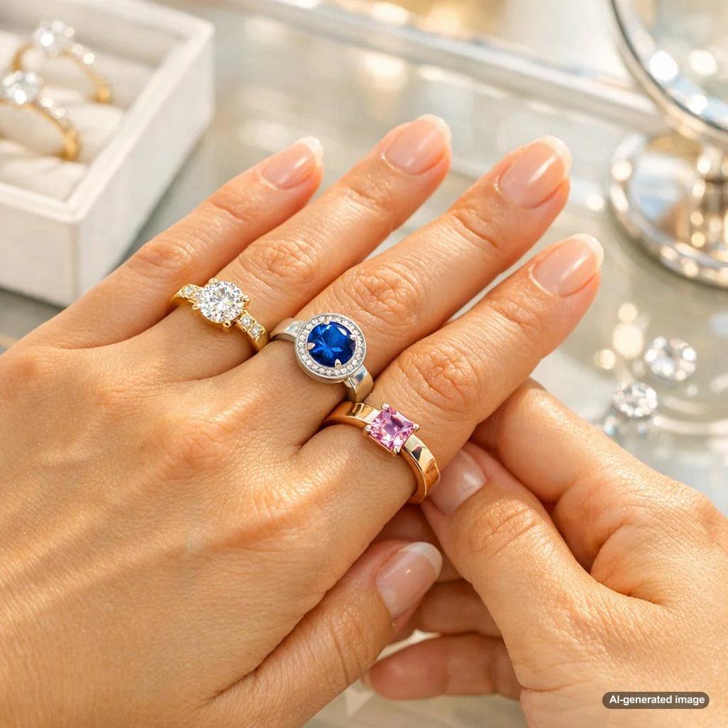 A collage featuring three distinct ring settings: a classic diamond solitaire in a prong setting, a sleek modern ring in a bezel setting, and a contemporary diamond ring in a tension setting, all displayed against a neutral background.