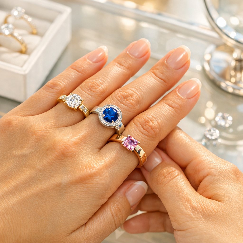 A collage featuring three distinct ring settings: a classic diamond solitaire in a prong setting, a sleek modern ring in a bezel setting, and a contemporary diamond ring in a tension setting, all displayed against a neutral background.