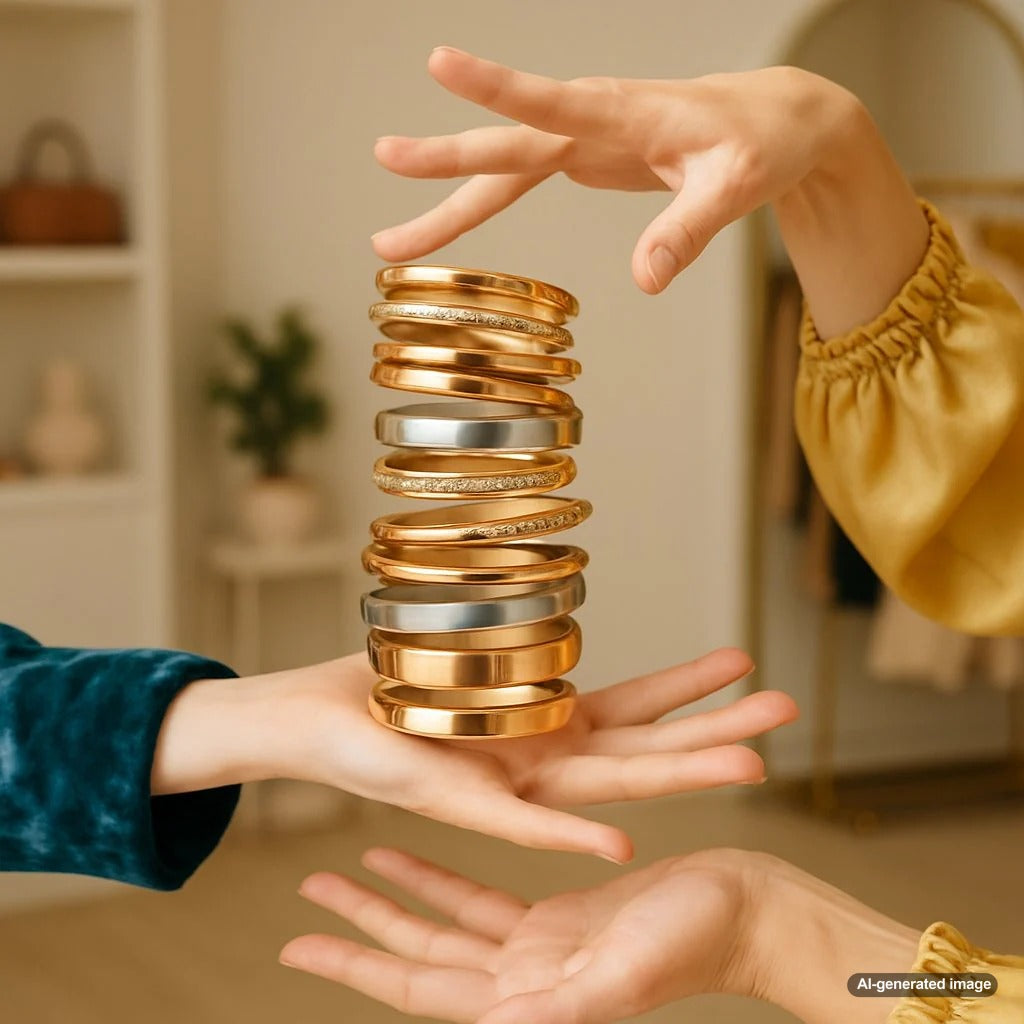 A beautifully styled stack of mixed metal bangles and cuffs on a woman's wrist, featuring gold, silver, and rose gold pieces from Robinson's Jewelers.