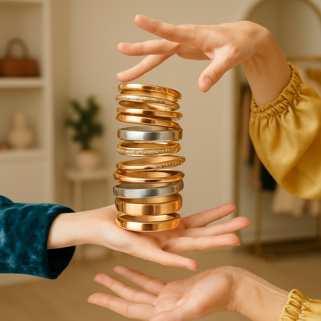 A beautifully styled stack of mixed metal bangles and cuffs on a woman's wrist, featuring gold, silver, and rose gold pieces from Robinson's Jewelers.