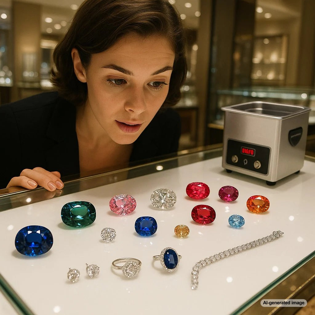 Close-up of an ultrasonic jewelry cleaner with various gemstone rings and necklaces beside it, highlighting the dilemma of what is safe to clean.