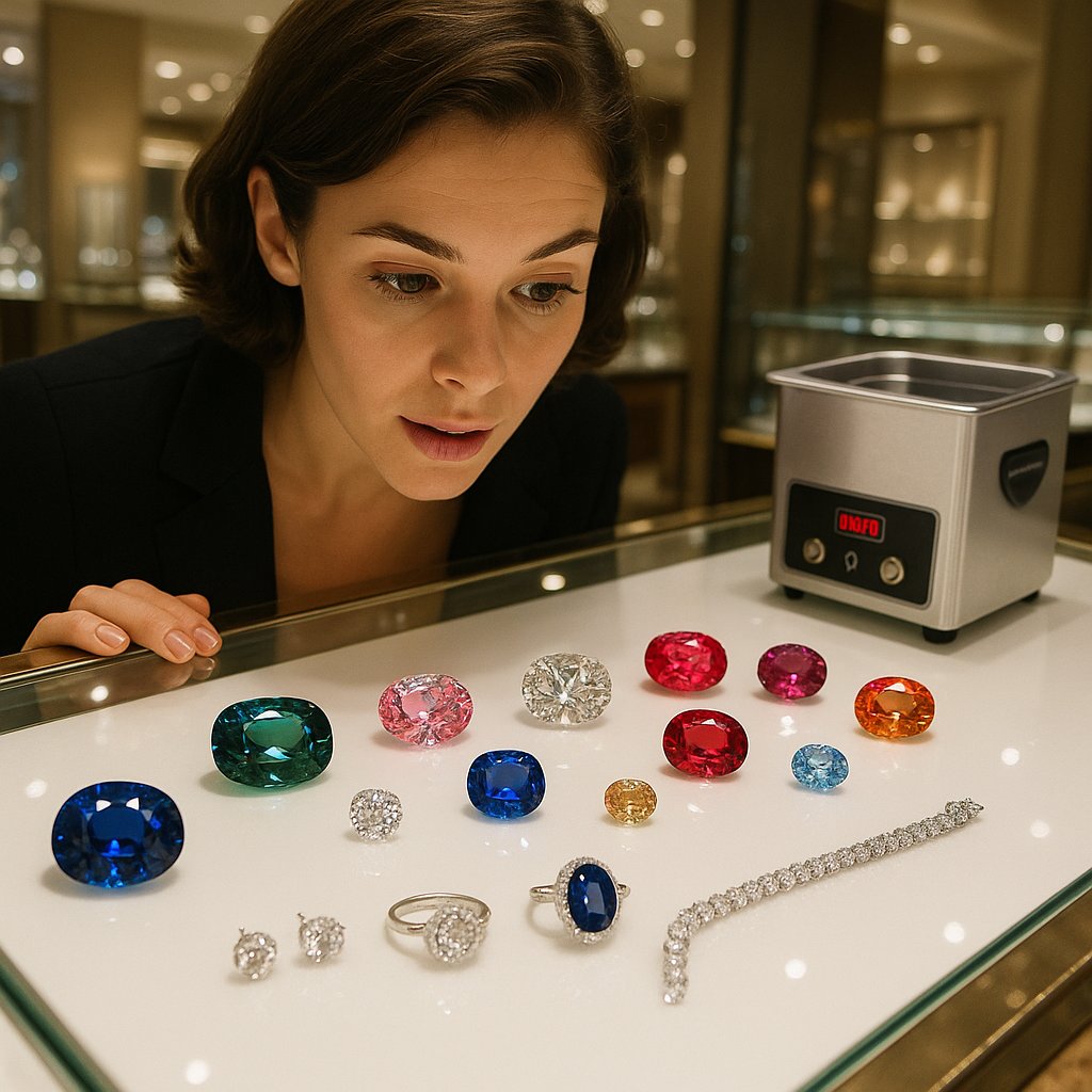 Close-up of an ultrasonic jewelry cleaner with various gemstone rings and necklaces beside it, highlighting the dilemma of what is safe to clean.