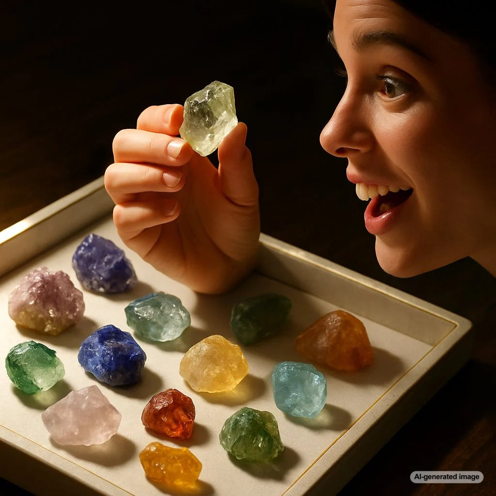 A collection of beautiful raw, unpolished gemstones and crystal jewelry from Robinson's Jewelers