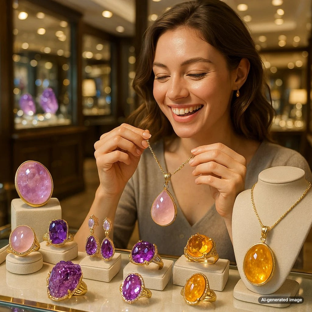 A stunning collection of quartz jewelry varieties including clear rock crystal, yellow citrine, purple amethyst, and smoky quartz