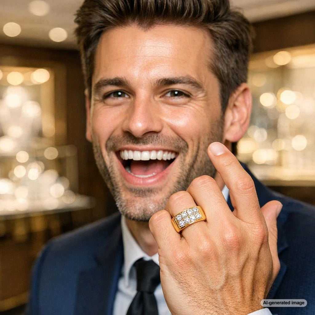 A sophisticated diamond and gold pinky ring elegantly adorning a person's hand, symbolizing modern luxury and personal status.