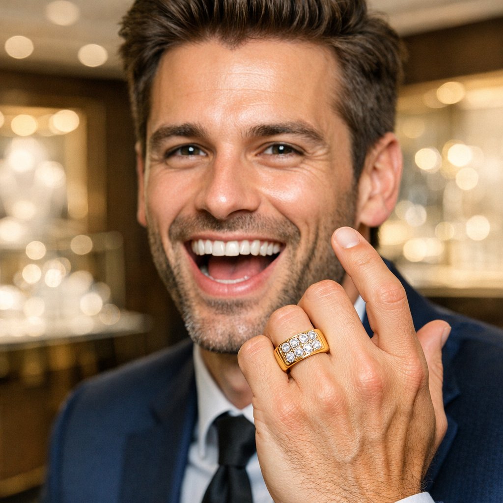 A sophisticated diamond and gold pinky ring elegantly adorning a person's hand, symbolizing modern luxury and personal status.