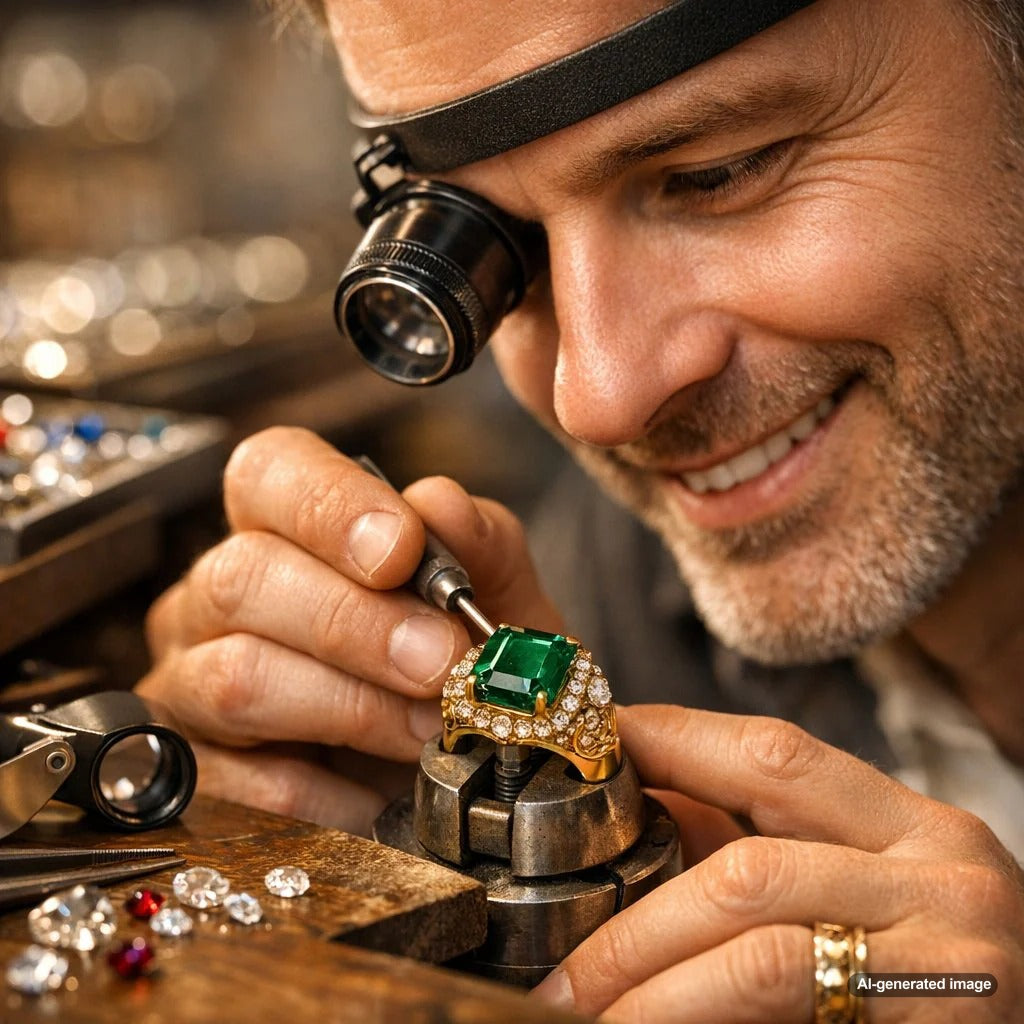 A master jeweler carefully setting a large, vibrant green emerald into a platinum ring setting, showcasing the delicate and precise art of fine jewelry craftsmanship.