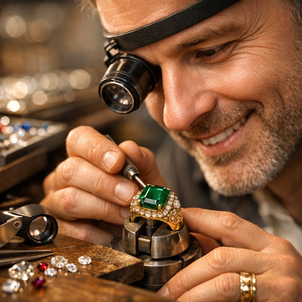 A master jeweler carefully setting a large, vibrant green emerald into a platinum ring setting, showcasing the delicate and precise art of fine jewelry craftsmanship.