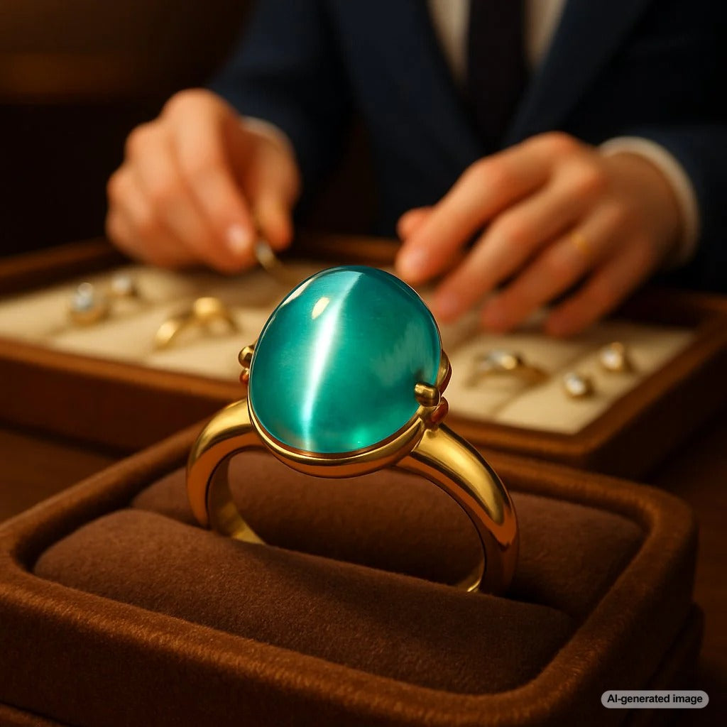 A stunning close-up of a Cat's Eye Apatite gemstone showcasing its sharp, silky eye effect against a blue-green background.