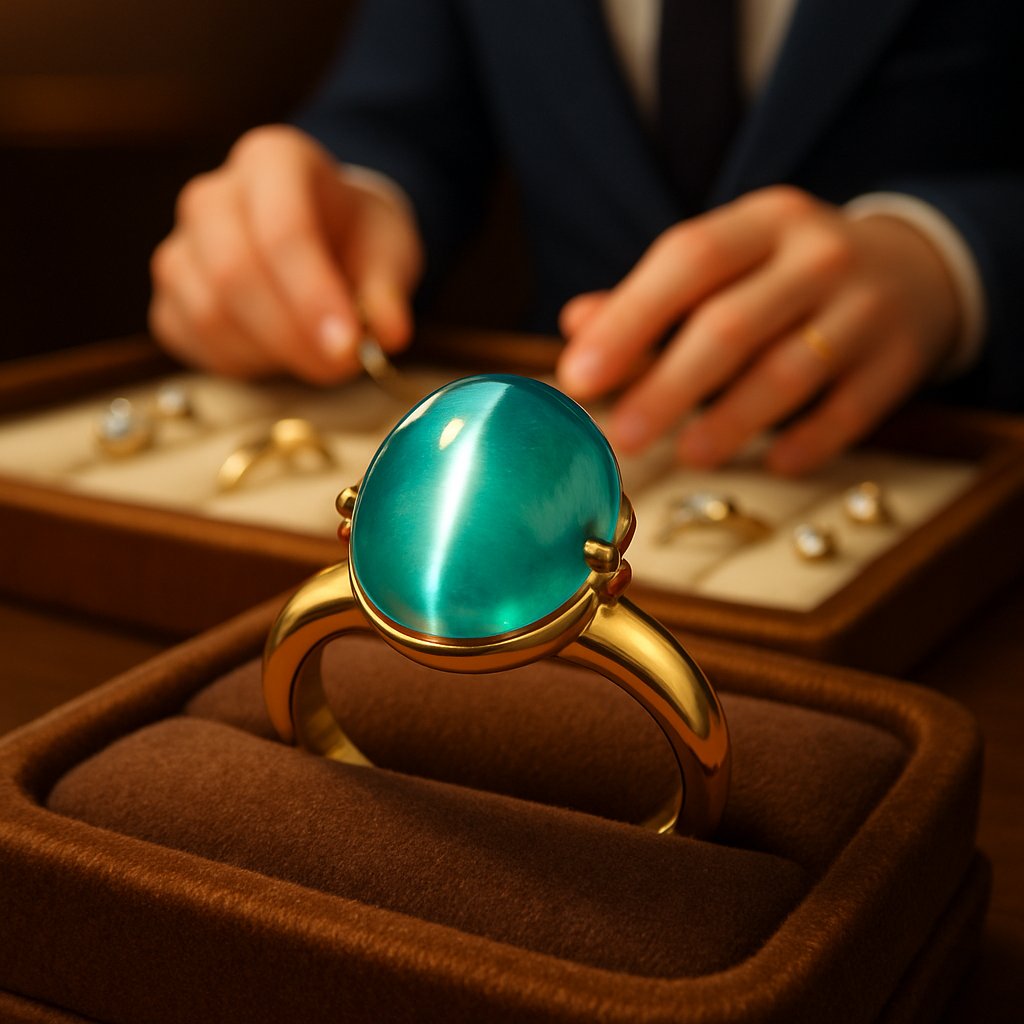 A stunning close-up of a Cat's Eye Apatite gemstone showcasing its sharp, silky eye effect against a blue-green background.